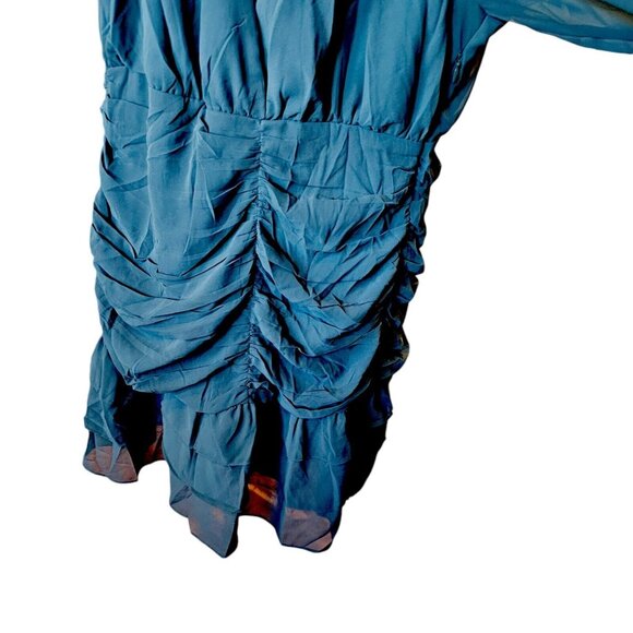 Andree By Unit 2X Dress Dark‎ Teal Chiffon Layered Longsleeve Blue Green Lined - Picture 4 of 13